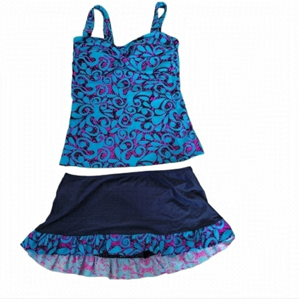 Mazu Bikini Top And Single Ruffle Swim Skirt With Under Ware  Navy Blue Sz 8